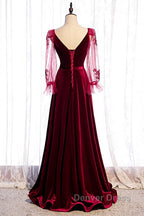 Wine Red Velvet Long Party Dresses Prom Dresses, A-Line Long Sleeves Formal Dresses