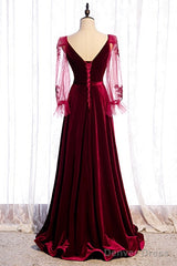 Wine Red Velvet Long Party Dress Prom Dress, A-Line Long Sleeves Formal Dresses