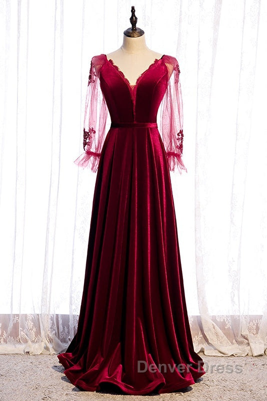 Wine Red Velvet Long Party Dresses Prom Dresses, A-Line Long Sleeves Formal Dresses