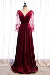 Wine Red Velvet Long Party Dress Prom Dress, A-Line Long Sleeves Formal Dresses