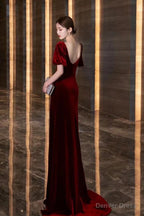 Wine Red Velvet Long Round Neckline Party Dress, Wine Red Prom Dresses
