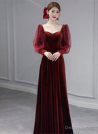 Wine Red Velvet Long Sleeves Floor Length Bridesmaid Dress, Wine Red Long Prom Dresses