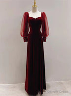Wine Red Velvet Long Sleeves Floor Length Bridesmaid Dress, Wine Red Long Prom Dresses