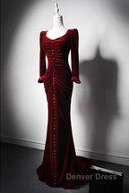 Wine Red Velvet Long Sleeves Mermaid Long Prom Dresses, Wine Red Evening Dresses