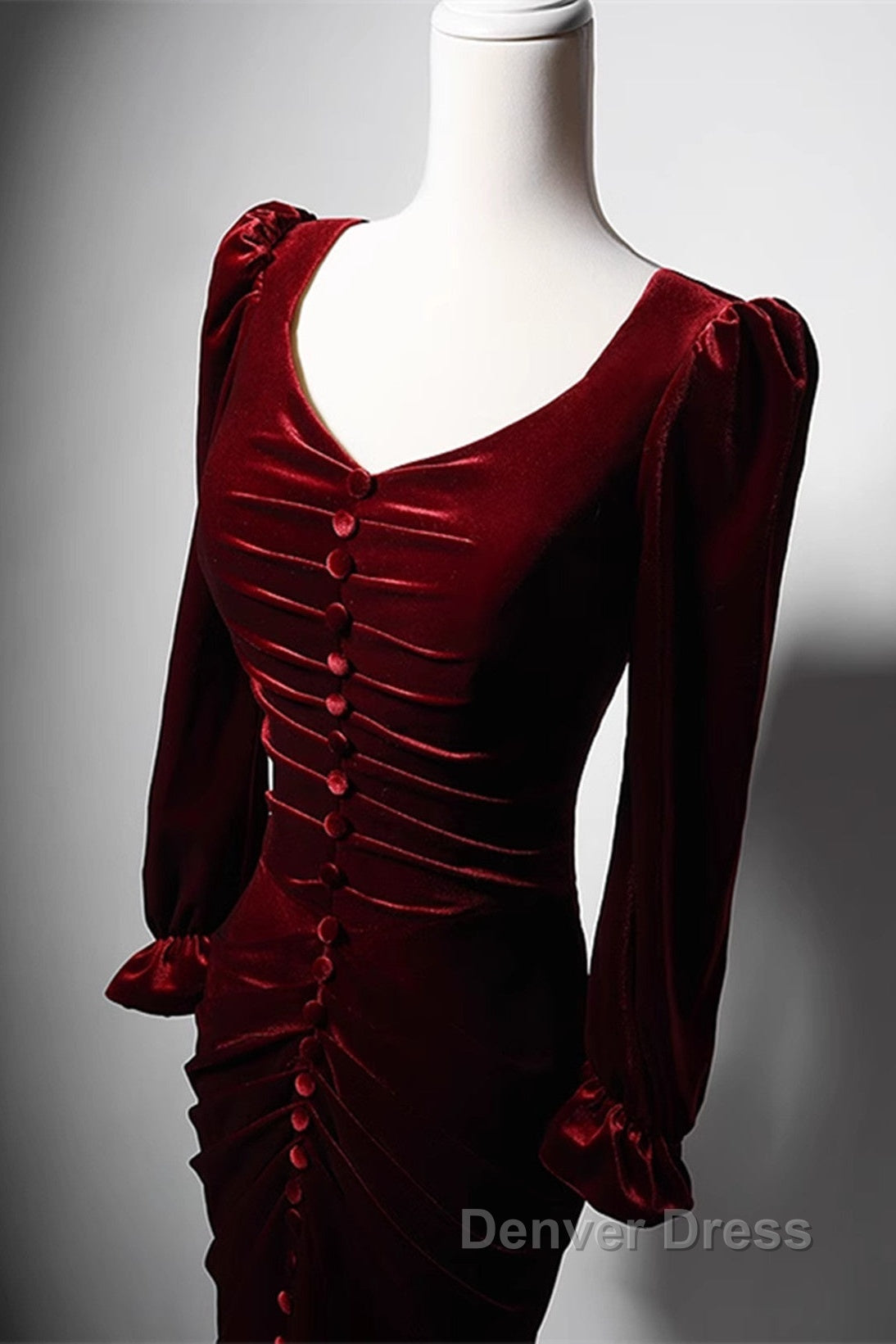 Wine Red Velvet Long Sleeves Mermaid Long Prom Dresses, Wine Red Evening Dresses