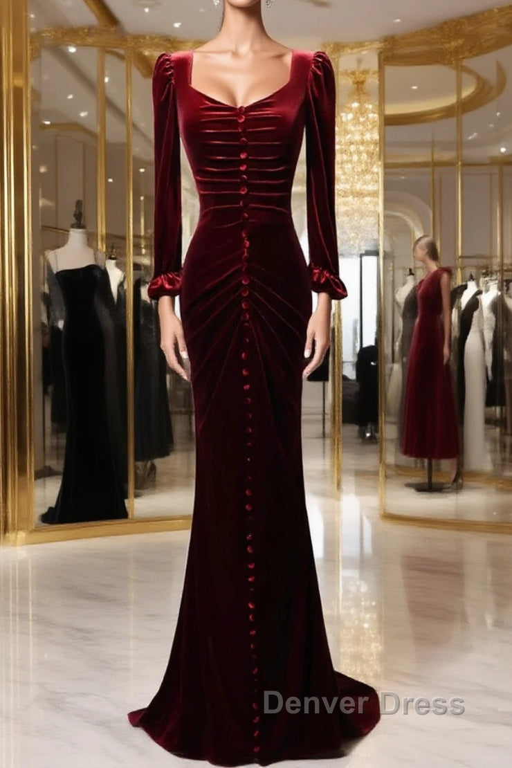 Wine Red Velvet Long Sleeves Mermaid Long Prom Dresses, Wine Red Evening Dresses Main image
