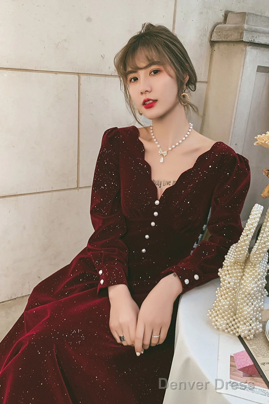 Wine Red Velvet Long Sleeves Prom Dress, Wine Red V-Neckline Prom Dress