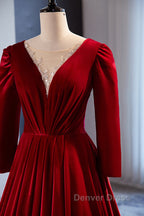 Wine Red Velvet Long Sleeves See Through Prom Dresses, Wine Red Wedding Party Dresses