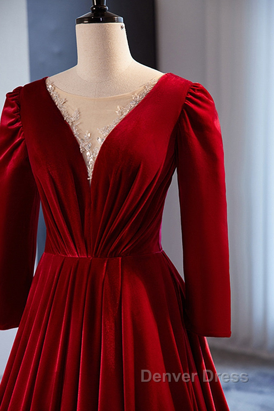 Wine Red Velvet Long Sleeves See Through Prom Dresses, Wine Red Wedding Party Dresses
