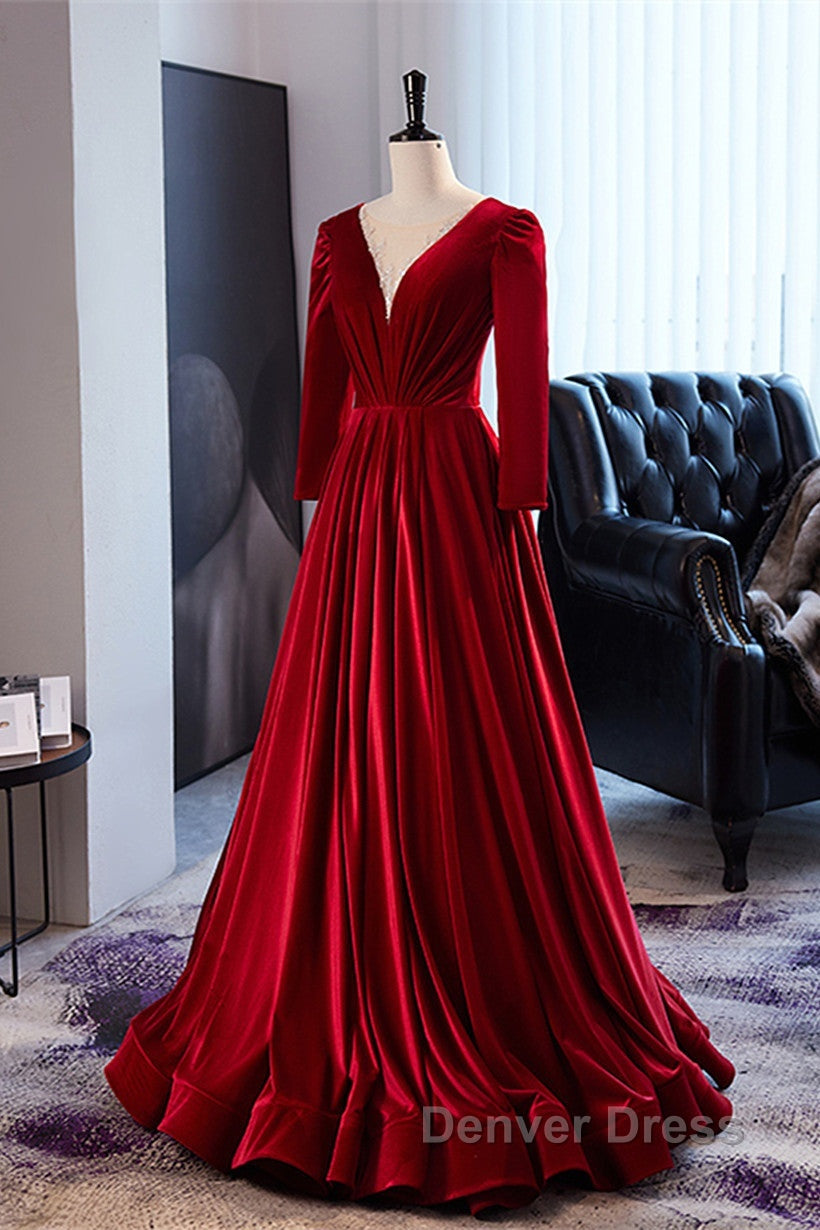 Wine Red Velvet Long Sleeves See Through Prom Dresses, Wine Red Wedding Party Dresses