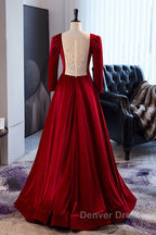 Wine Red Velvet Long Sleeves See Through Prom Dress, Wine Red Wedding Prom Dresses