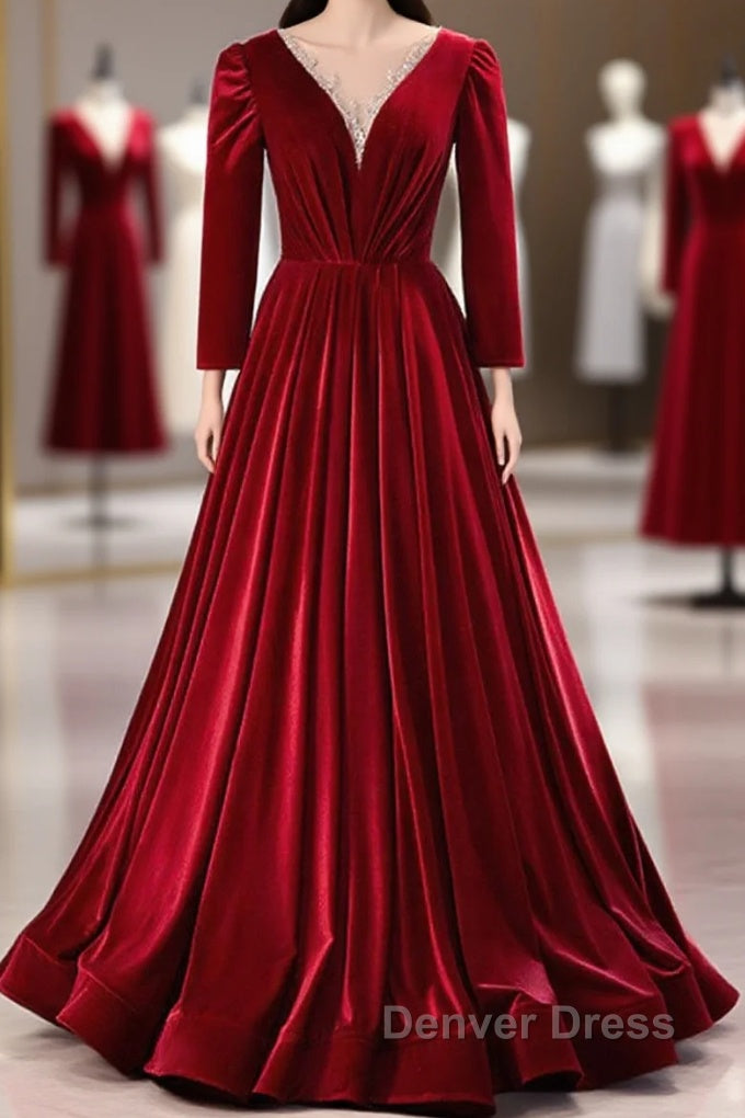 Wine Red Velvet Long Sleeves See Through Prom Dresses, Wine Red Wedding Party Dresses