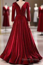 Wine Red Velvet Long Sleeves See Through Prom Dress, Wine Red Wedding Prom Dresses