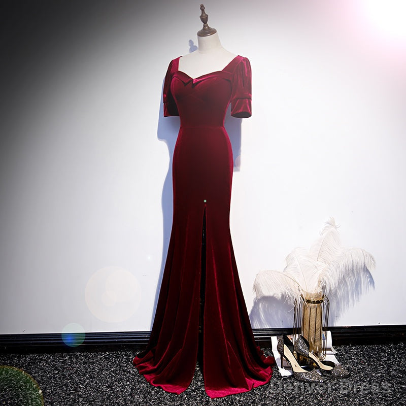 Wine Red Velvet Mermaid Long Evening Party Dresses, Dark Red Velvet Formal Dresses Secondary image