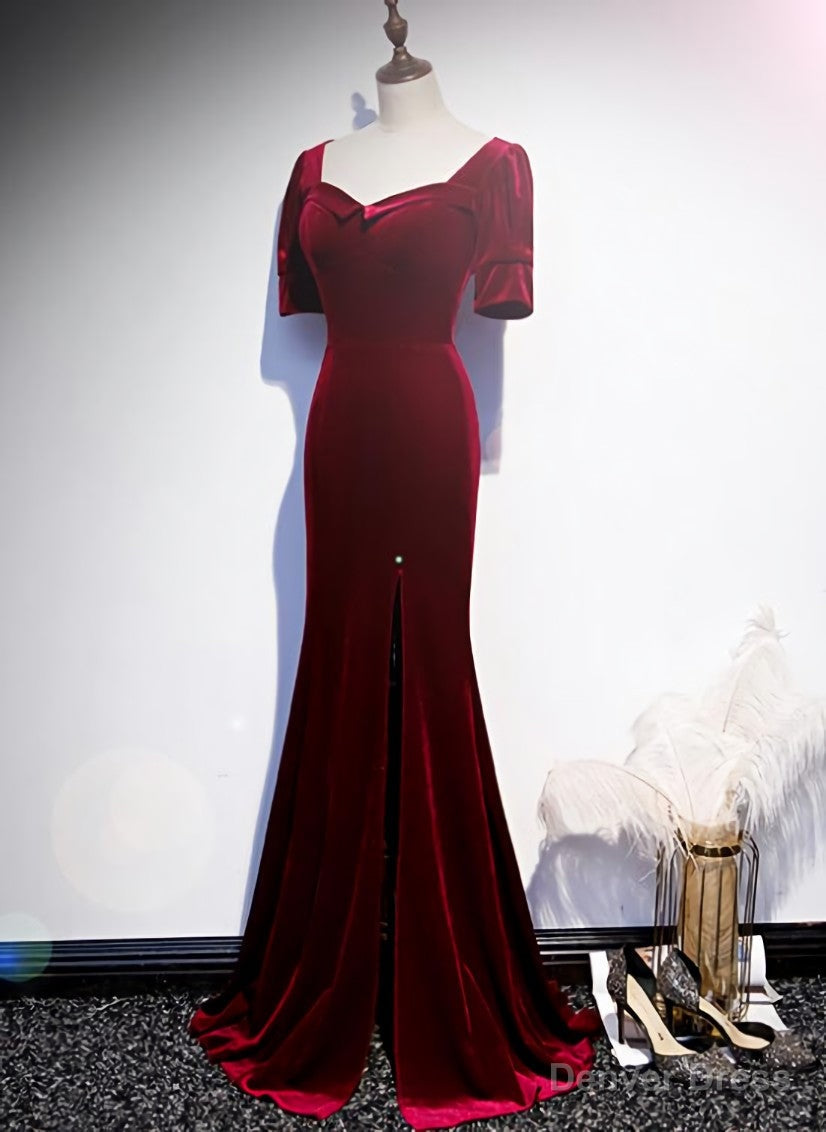 Wine Red Velvet Mermaid Long Prom Dress, Dark Red Velvet Prom Dresses