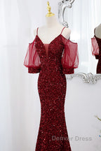 Wine Red Velvet Mermaid Long Party Dresses, Wine Red Vekvet Prom Dresses