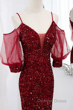 Wine Red Velvet Mermaid Long Party Dresses, Wine Red Vekvet Prom Dresses