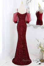 Wine Red Velvet Mermaid Long Party Dresses, Wine Red Vekvet Prom Dresses