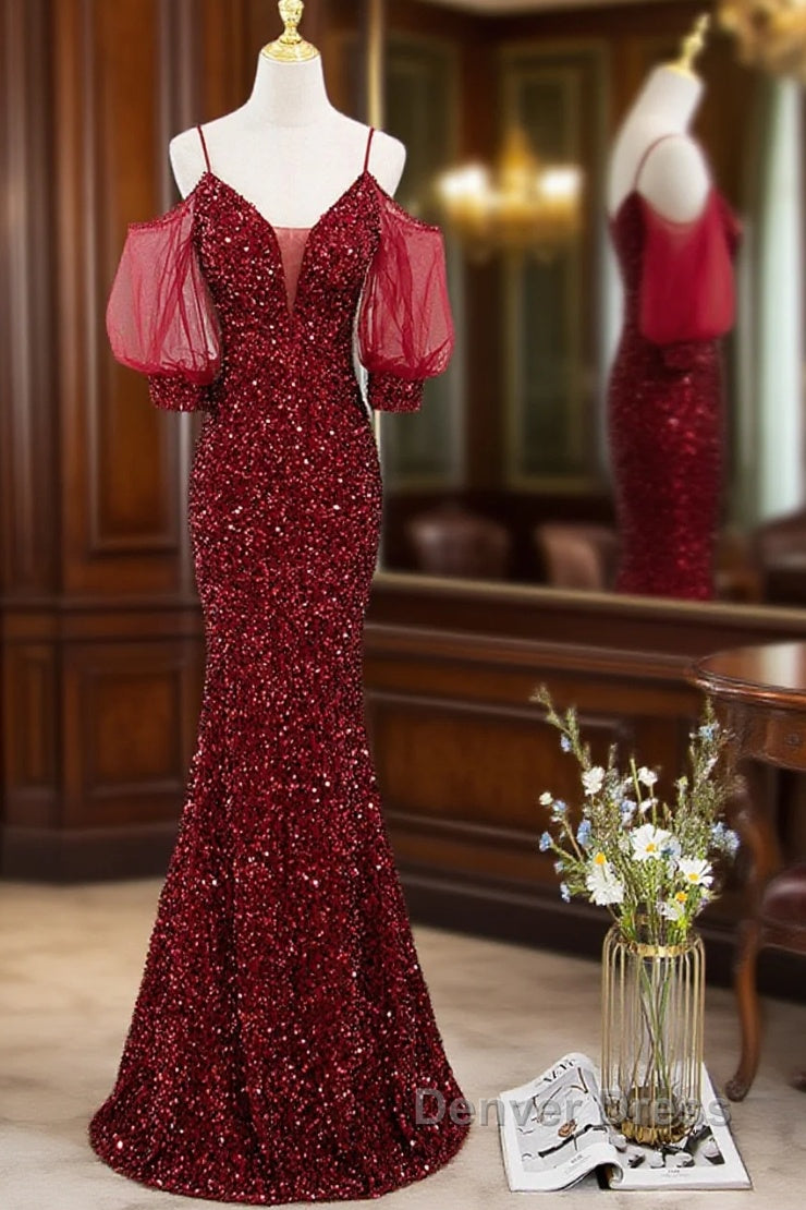 Wine Red Velvet Mermaid Long Party Dresses, Wine Red Vekvet Prom Dresses Main image