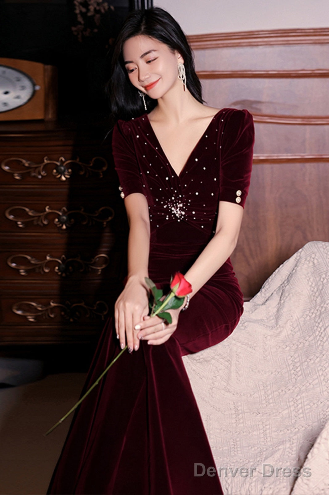 Wine Red Velvet Mermaid Short Sleeves Party Dress, Wine Red Long Evening Dress Prom Dress