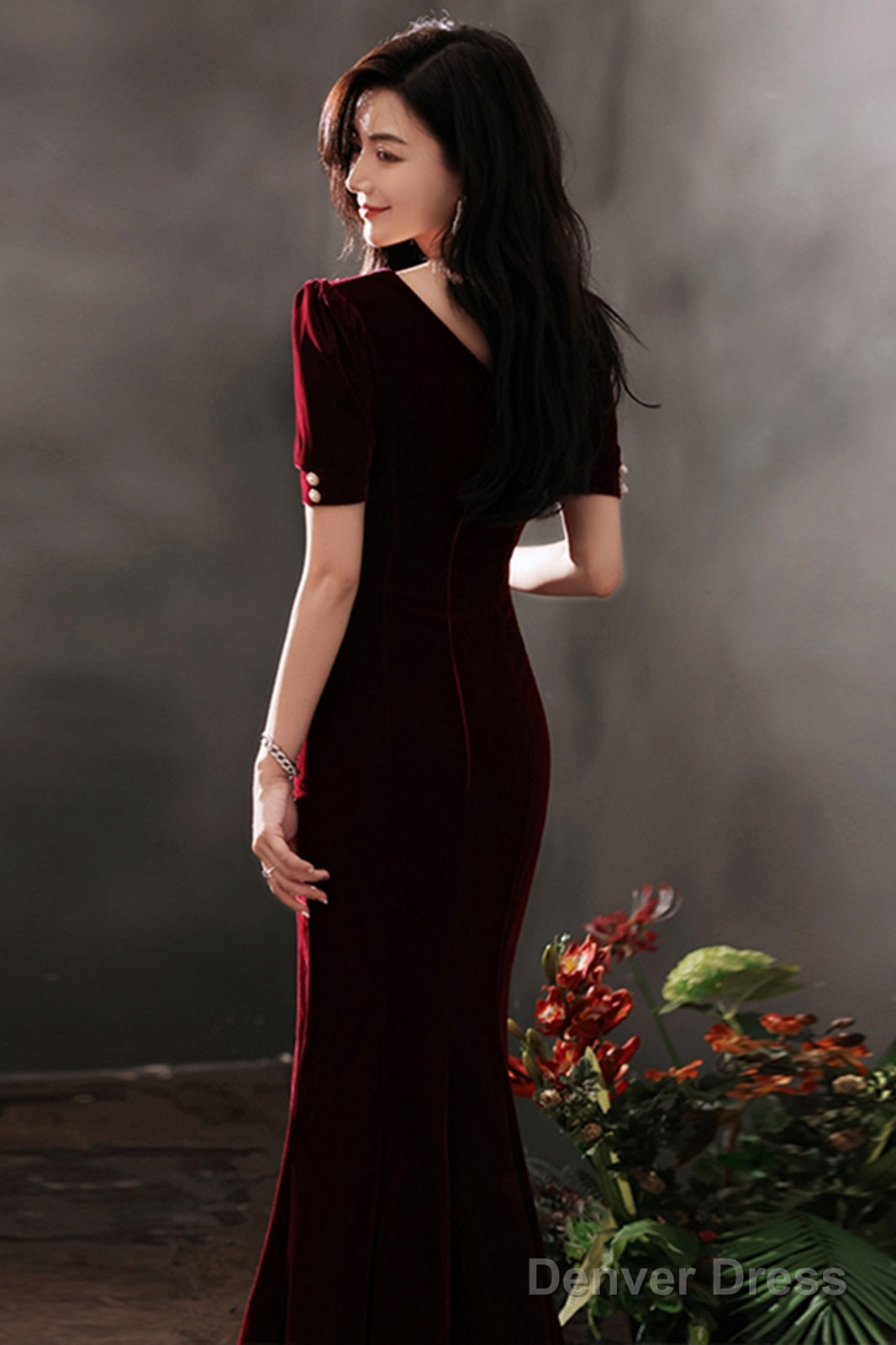 Wine Red Velvet Mermaid Short Sleeves Party Dress, Wine Red Long Evening Dress Prom Dress