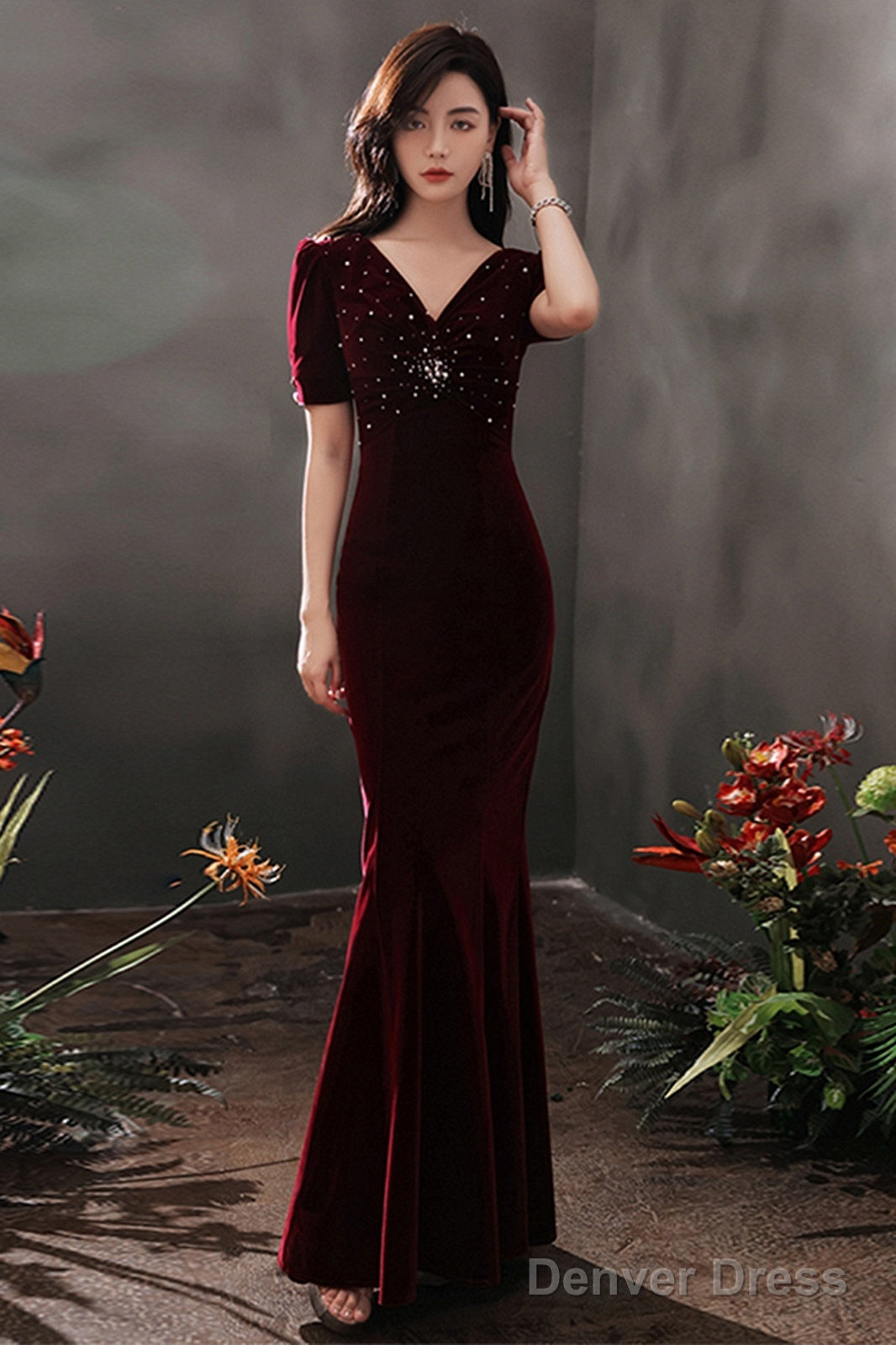 Wine Red Velvet Mermaid Short Sleeves Party Dress, Wine Red Long Evening Dress Prom Dress Main image