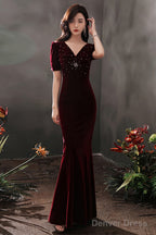 Wine Red Velvet Mermaid Short Sleeves Party Dress, Wine Red Long Evening Dress Prom Dress