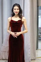 Wine Red Velvet Mermaid Straps Long Prom Dress , Burgundy Bridesmaid Dresses