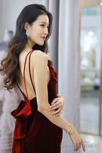 Wine Red Velvet Mermaid Straps Long Prom Dress , Burgundy Bridesmaid Dresses