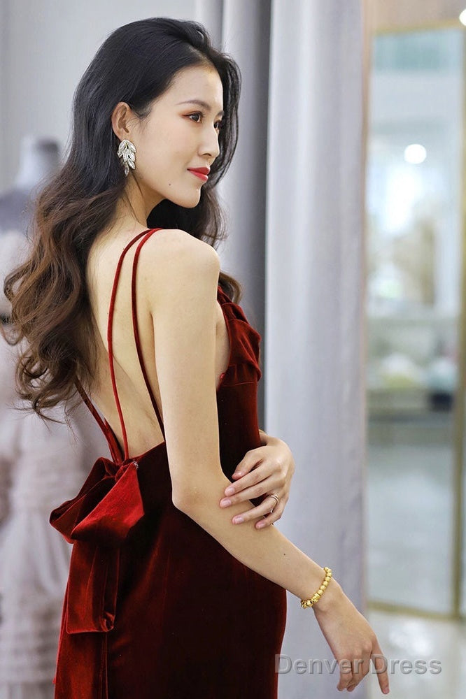 Wine Red Velvet Mermaid Straps Long Prom Dress , Burgundy Bridesmaid Dresses