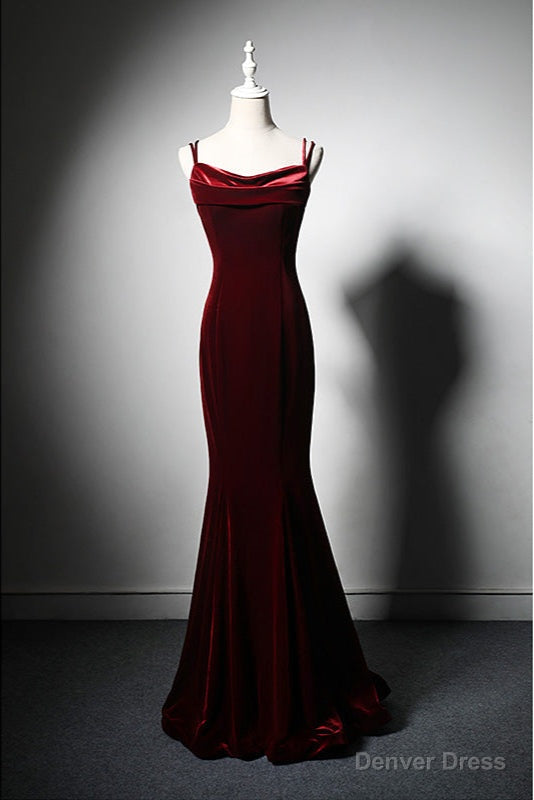 Wine Red Velvet Mermaid Wedding Prom Dress, Wine Red Prom Dresses