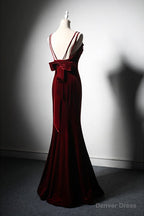 Wine Red Velvet Mermaid Wedding Prom Dress, Wine Red Prom Dresses