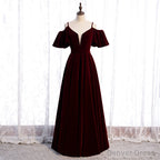 Wine Red Velvet Off Shoulder Floor Length Prom Dress, Velvet Junior Prom Dresses