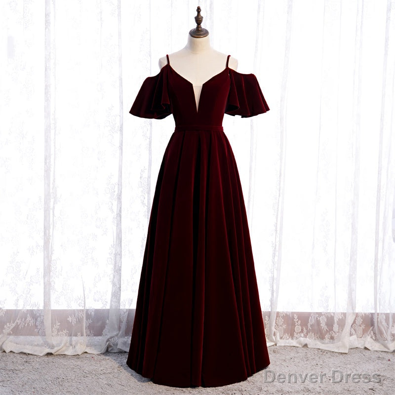 Wine Red Velvet Off Shoulder Floor Length Prom Dress, Velvet Junior Prom Dresses
