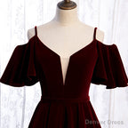 Wine Red Velvet Off Shoulder Floor Length Prom Dress, Velvet Junior Prom Dresses