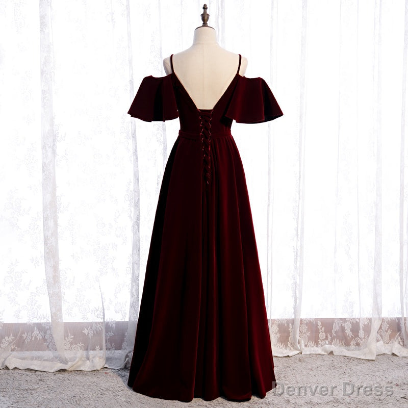 Wine Red Velvet Off Shoulder Floor Length Prom Dress, Velvet Junior Prom Dresses