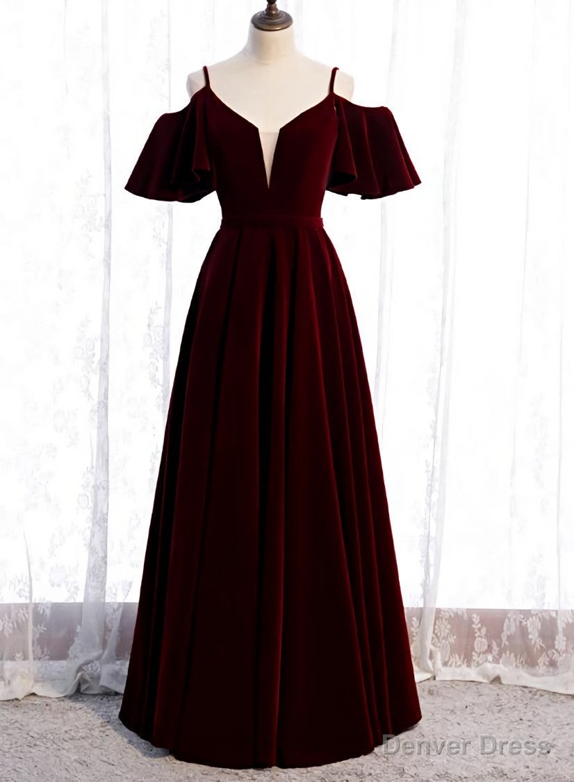 Wine Red Velvet Off Shoulder Floor Length Prom Dress, Velvet Junior Prom Dresses