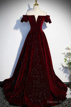 Wine Red Velvet Off Shoulder Long Prom Gowns, Wine Red Prom Dresses