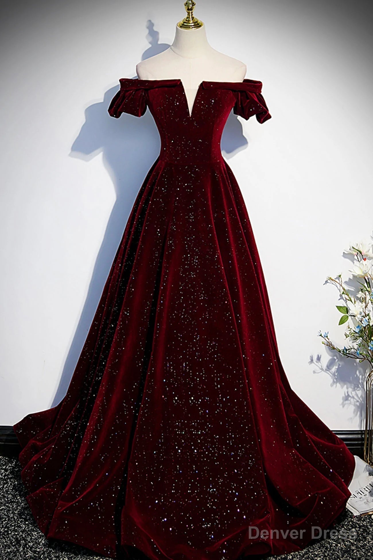 Wine Red Velvet Off Shoulder Long Prom Gowns, Wine Red Prom Dresses