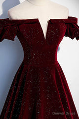 Wine Red Velvet Off Shoulder Long Formal Evening Gown, Wine Red Prom Dresses