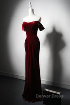 Wine Red Velvet Off Shoulder Long Mermaid Prom Dresses, Wine Red Velvet Eveing Dresses