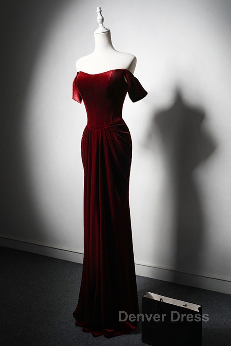 Wine Red Velvet Off Shoulder Long Mermaid Prom Dresses, Wine Red Velvet Eveing Dresses