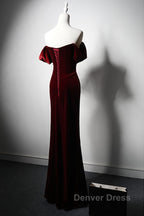 Wine Red Velvet Off Shoulder Long Mermaid Prom Dresses, Wine Red Velvet Eveing Dresses