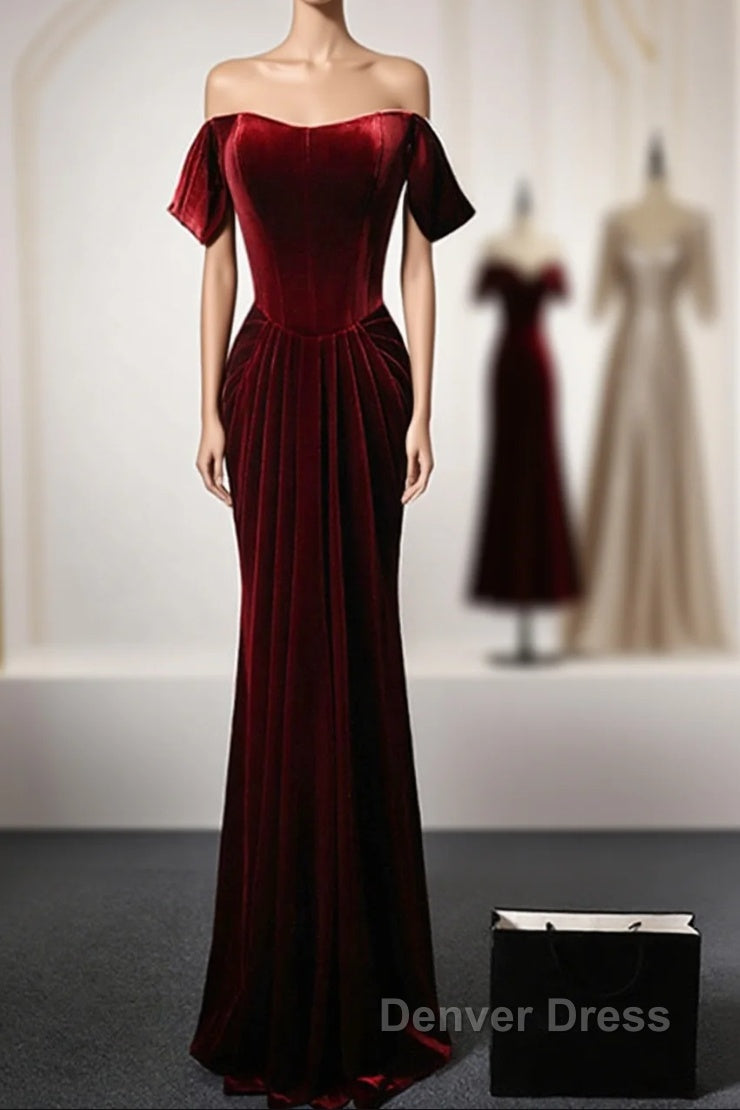 Wine Red Velvet Off Shoulder Long Mermaid Prom Dresses, Wine Red Velvet Eveing Dresses