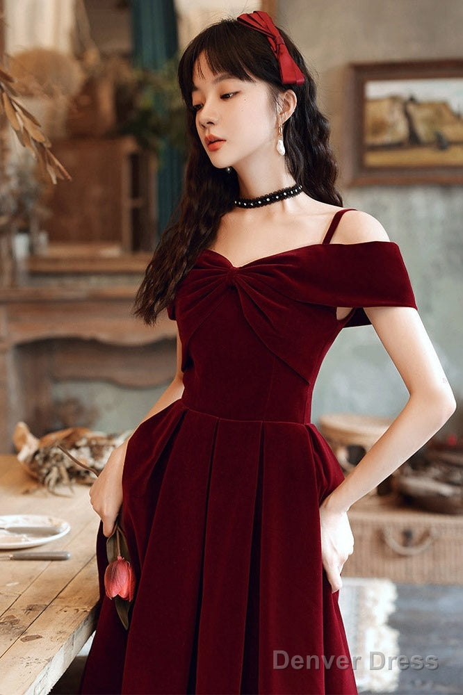 Wine Red Velvet Off Shoulder Long Prom Dress, Wine Red Party Dress Formal Dress