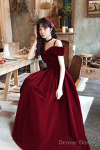 Wine Red Velvet Off Shoulder Long Prom Dress, Wine Red Party Dress Formal Dress