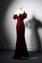 Wine Red Velvet Off Shoulder Mermaid Long Prom Dresses, Long Lace-Up Evening Dresses