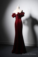 Wine Red Velvet Off Shoulder Mermaid Long Prom Dress, Long Lace-Up Evening Dress