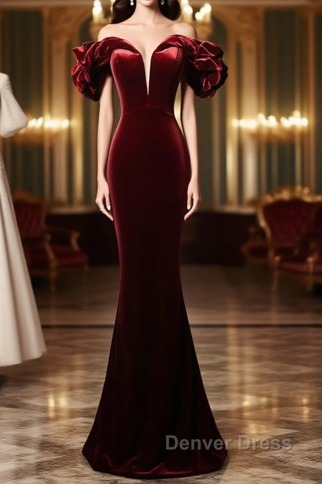 Wine Red Velvet Off Shoulder Mermaid Long Prom Dresses, Long Lace-Up Evening Dresses