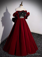 Wine Red Velvet Off Shoulder Prom Dress, A Line Floor Length Prom Dresses
